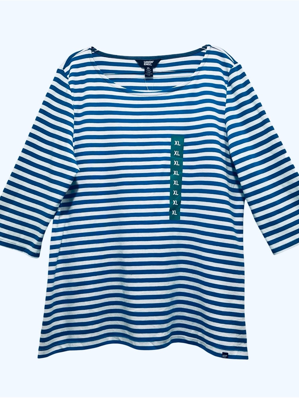 Lands End Top Teal White Sz XL Striped Boatneck 3/4 Sleeve Cotton Mariner NWT